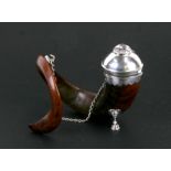 A rams horn and unmarked silver snuff mull with a large crystal set to the lid and having two