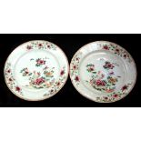 A pair of 18th / 19th century Chinese famille rose chargers decorated with birds amongst flowering