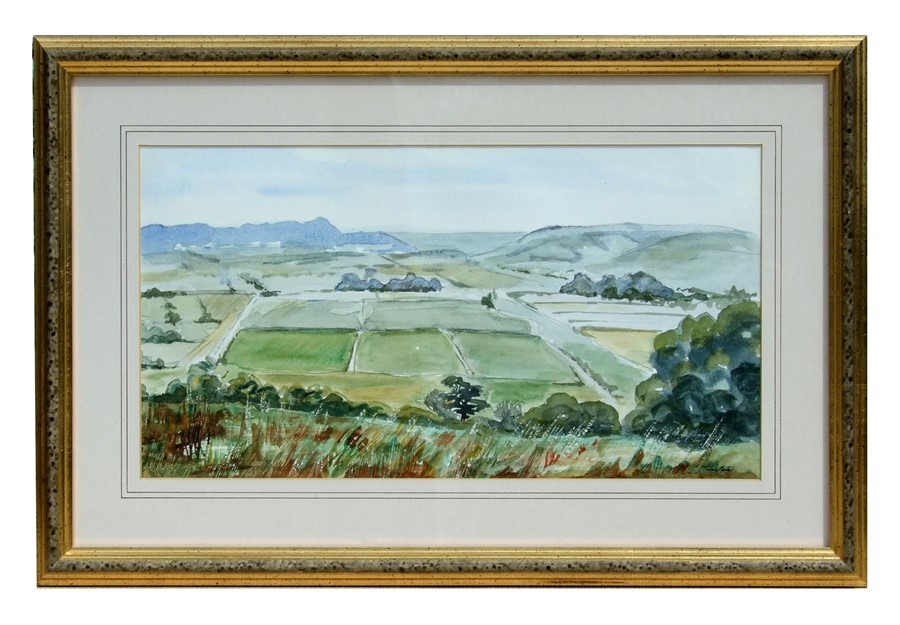Thelma Masters - Somerset Moors from Walton Hill - watercolour, signed lower right, framed & glazed,