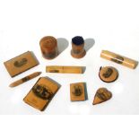 A collection of Victorian sewing related Mauchline ware to include pin cushions and bodkin cases.
