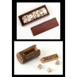 A Victorian set of miniature bone dominoes in a mahogany case, 6.25cms (2.5ins) wide; together