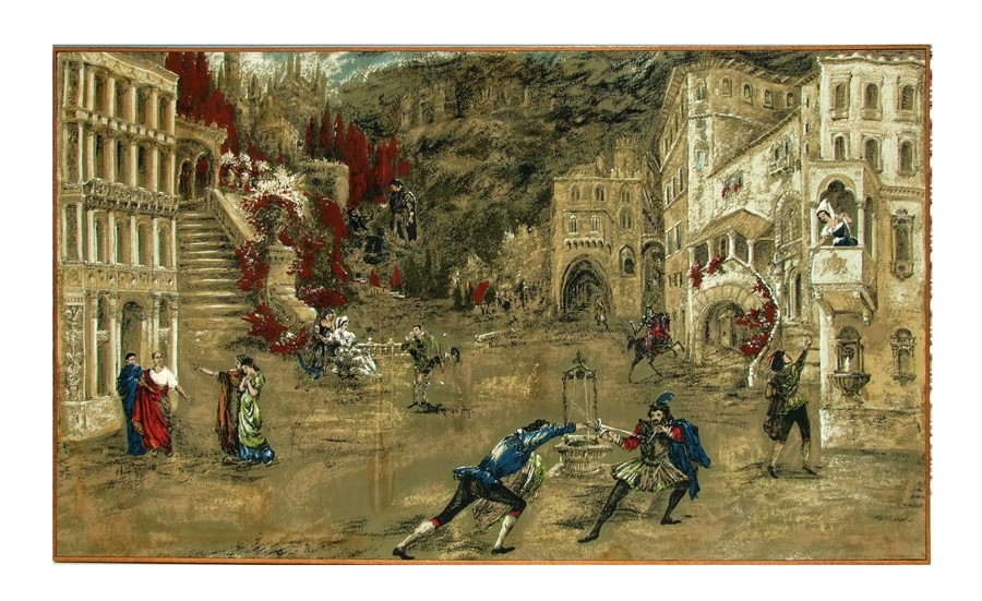 A continental printed tapestry style textile panel, framed, 125 by 69cms (49 by 27ins).