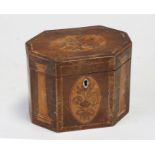 A Georgian octagonal tea caddy of elongated form with marquetry panels depicting flowers to the