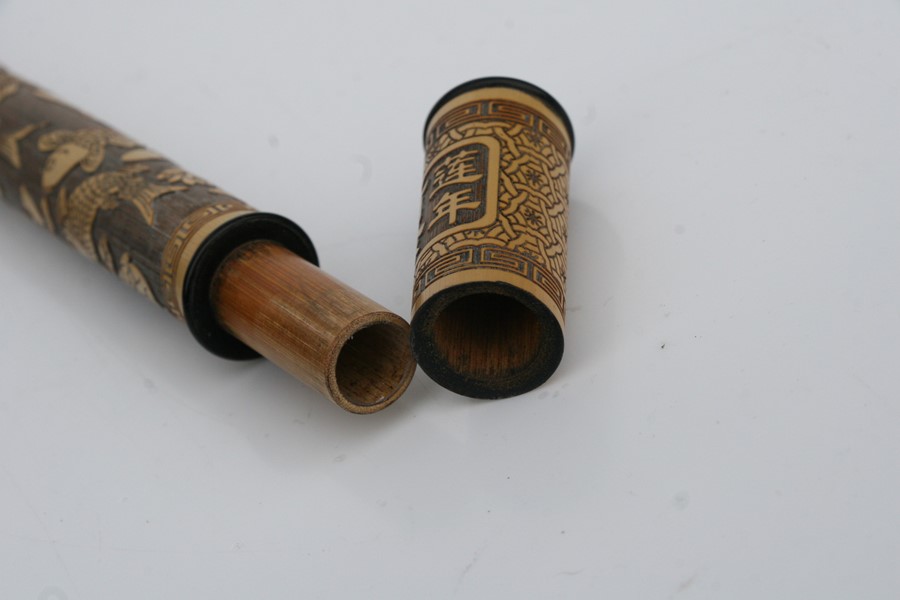 A Chinese hardwood brush pot, 11cms (4.25ins) high; together with a Chinese bamboo chopstick case - Image 2 of 17