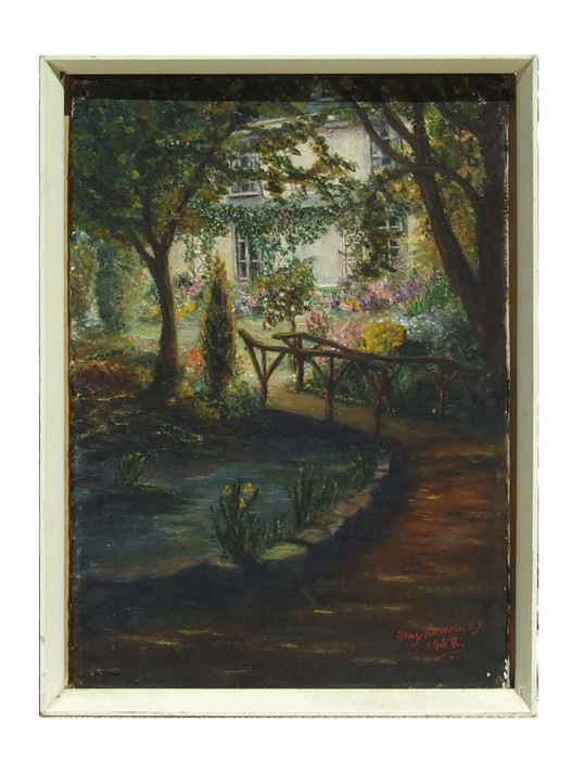 Alan Skingley (mid 20th century British) - Bridge Leading to a Flower Garden - signed & dated 1958