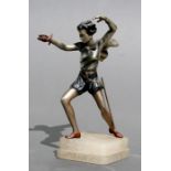 An Art Deco painted spelter figure of a lady fencing, on a stepped marble base, 24cms (9.5ins)