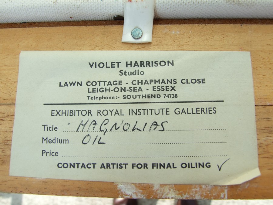 Violet Harrison (modern British) - Still Life of Magnolias in a Vase - signed lower right, Exhibitor - Image 2 of 2