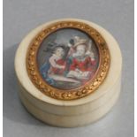 A Georgian ivory snuff box, the top with oval miniature picture depicting a pair of musicians within