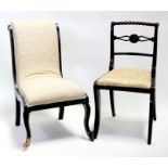 A 19th century ebonised upholstered chair on cabriole front supports; together with a Regency