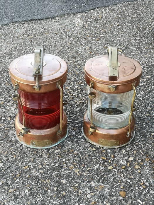 A pair of copper & brass port & starboard mast head lights, each with a brass plaque applied 'All