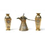 A pair of Persian / Cairo ware vases of tapering form with copper and silver decoration, 15cms (