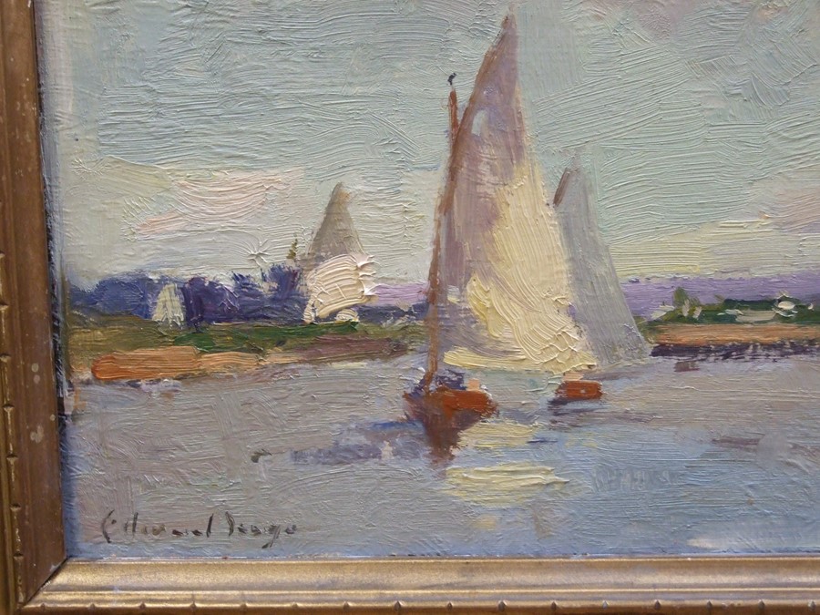 In the manner of Edward Seago - Norfolk Broads with Sailing Ship and Cattle - oil on board, - Image 5 of 5