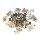 A quantity of assorted GB and continental coinage and bank notes to include Russian examples.
