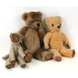 Two plush jointed teddy bears; together with a similar plush monkey (3).