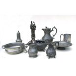 A Liberty & Co. Tudric pewter tazza, 21cms (8.25ins) diameter; together with other pewter and silver