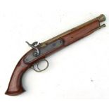 A Tower of London 18th century style flintlock pistol with walnut stock and brass barrel, approx