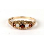 A 9ct gold opal and garnet five-stone ring, approx UK size 'M'.