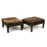 A pair of 19th century small mahogany footstools with upholstered seats on ring turned legs,