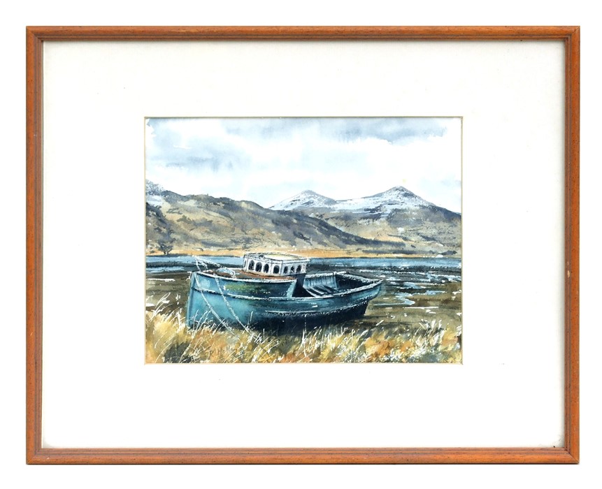 C R Holley (20th century British) - Highland Loch Scene with Moored Fishing Boat - watercolour,