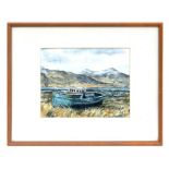 C R Holley (20th century British) - Highland Loch Scene with Moored Fishing Boat - watercolour,