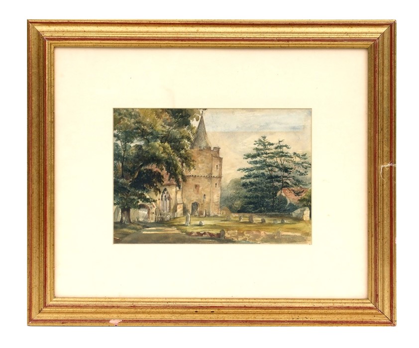 Late 19th / early 20th century British school - Churchyard Scene - watercolour, framed & glazed,