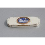 A Georgian ivory toothpick box with yellow metal mounts and pin work decoration, the top with a