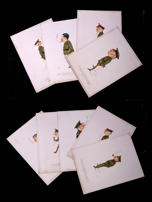 C Hunt - a set of nine watercolour caricatures of WWI Generals, each with annotated descriptions and
