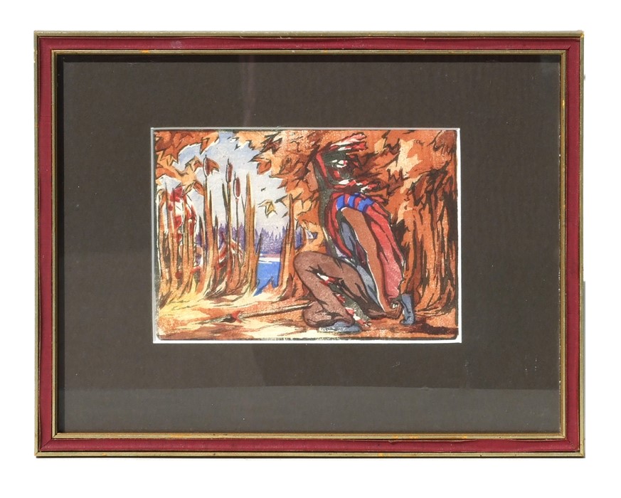 20th century school - a linocut depicting a native American, framed & glazed, 18 by 13cms (7 by