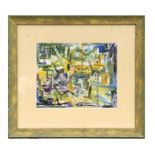 S Todd (modern Britih) - Abstract Yellow, Blue, Green & Purple - gouache, signed lower right, framed