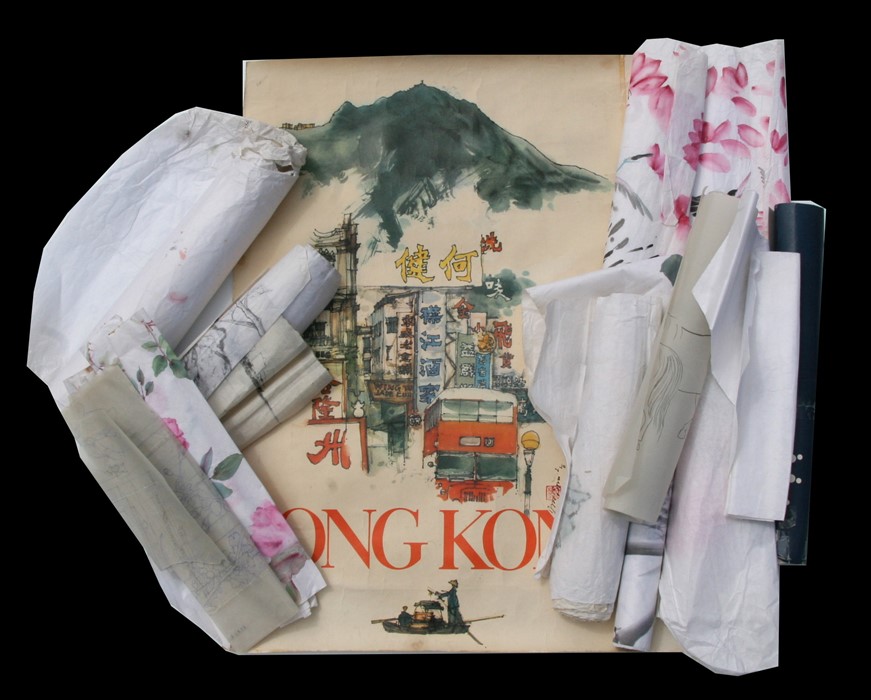 A quantity of Chinese watercolour paintings; together with a Hong Kong poster.