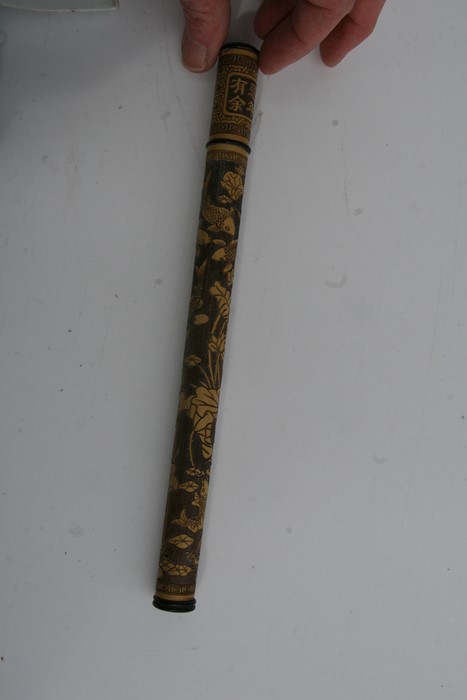 A Chinese hardwood brush pot, 11cms (4.25ins) high; together with a Chinese bamboo chopstick case - Image 15 of 17