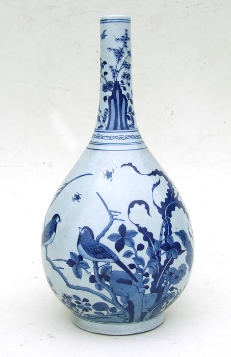 A large Chinese blue & white bottle vase decorated with a pair of birds amongst foliage, 41cms (