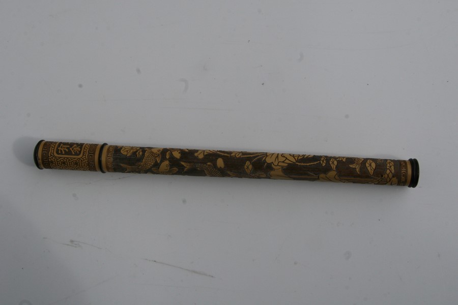 A Chinese hardwood brush pot, 11cms (4.25ins) high; together with a Chinese bamboo chopstick case - Image 12 of 17