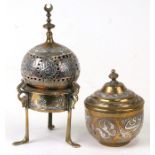 A Persian / Cairo ware incense burner with copper and silver decoration, 20cms (8ins) high; together