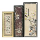 A Chinese silk embroidered panel depicting a butterfly amongst flowering foliage, 24 by 64cms (9.5