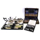 A silver plated Art Deco three-piece tea service; together with assorted boxed flatware.