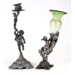 A silver plated cornucopia single flute epergne mounted with a cherub, 22cms (8.75ins) high;