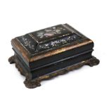 A Victorian paper mache sewing box with gilt and mother of pearl decoration. 29cm (11.5 ins) wide