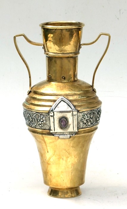 An Arts & Crafts copper and white metal two-handled vase set with an oval amethyst coloured stone,