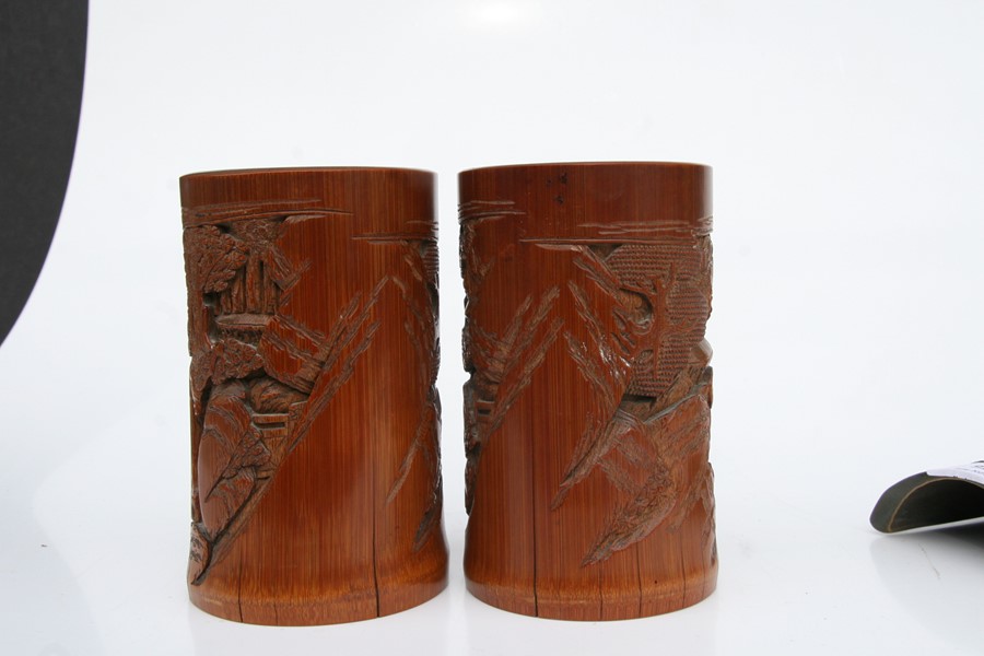 A pair of Chinese bamboo brush pots decorated with figures in a landscape, 15cms (6ins) high); - Image 8 of 10