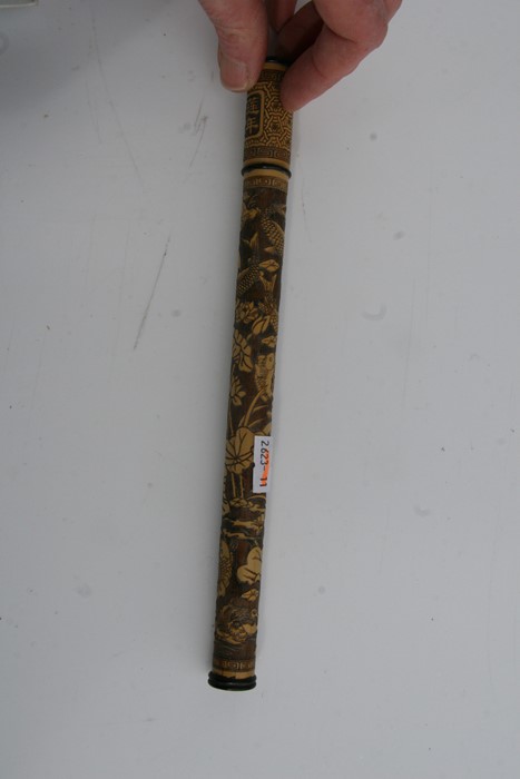 A Chinese hardwood brush pot, 11cms (4.25ins) high; together with a Chinese bamboo chopstick case - Image 13 of 17