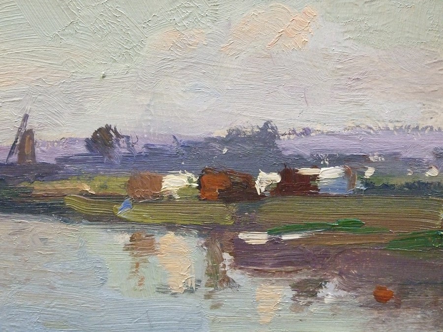 In the manner of Edward Seago - Norfolk Broads with Sailing Ship and Cattle - oil on board, - Image 4 of 5