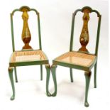 A pair of green chinoiserie occasional chairs with caned seats (2).