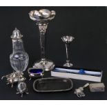 A silver trumpet vase 21cm (89.25ins)high a tortoiseshell pin tray together with other silver and