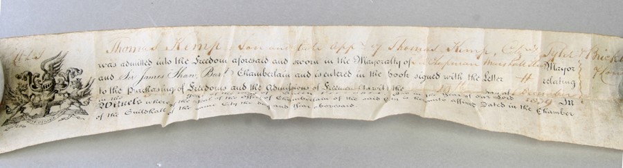 A copy of the scroll 'Freedom of the City of London' dated 1839 contained with a bespoke cylindrical