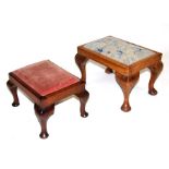 A mahogany footstool on cabriole legs, 38cms (15ins) wide; together with a similar beech