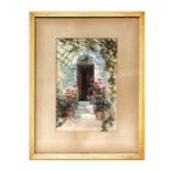 Early 20th century British - Flower Garden with Central Arched Doorway - watercolour, framed &