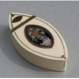 An 18th century ivory snuff box of navette form with yellow metal inlay and having a blue enamel