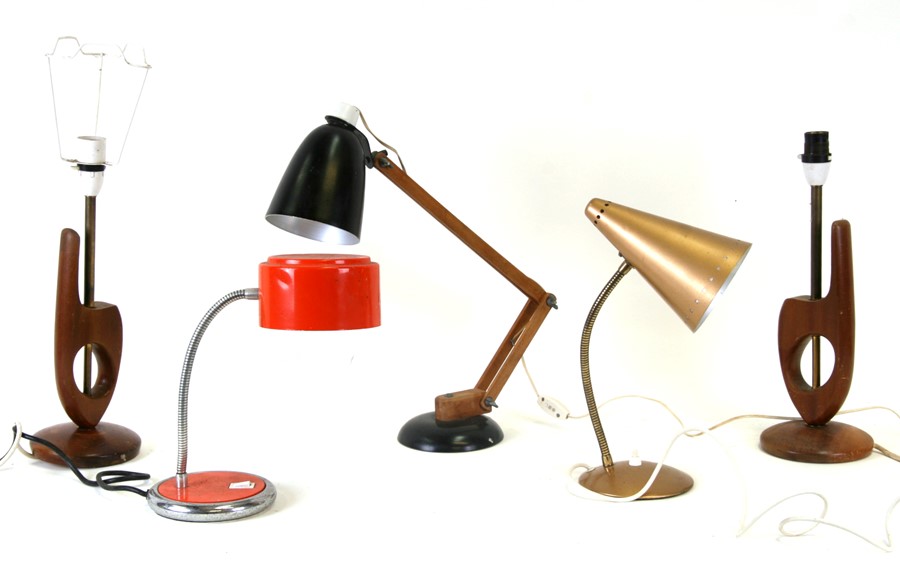 A Terence Conran mid-century Maclamp; together with a pair of 1970's teak table lamps, an Atomic Age