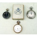 A WWI open faced pocket watch, the black dial with subsidiary seconds dial and Arabic numerals,